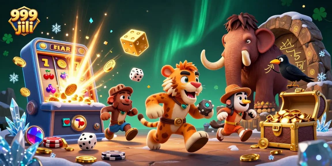 Experience the thrill of 999 jili with a casino scene featuring a caveman and sabertooth tiger.