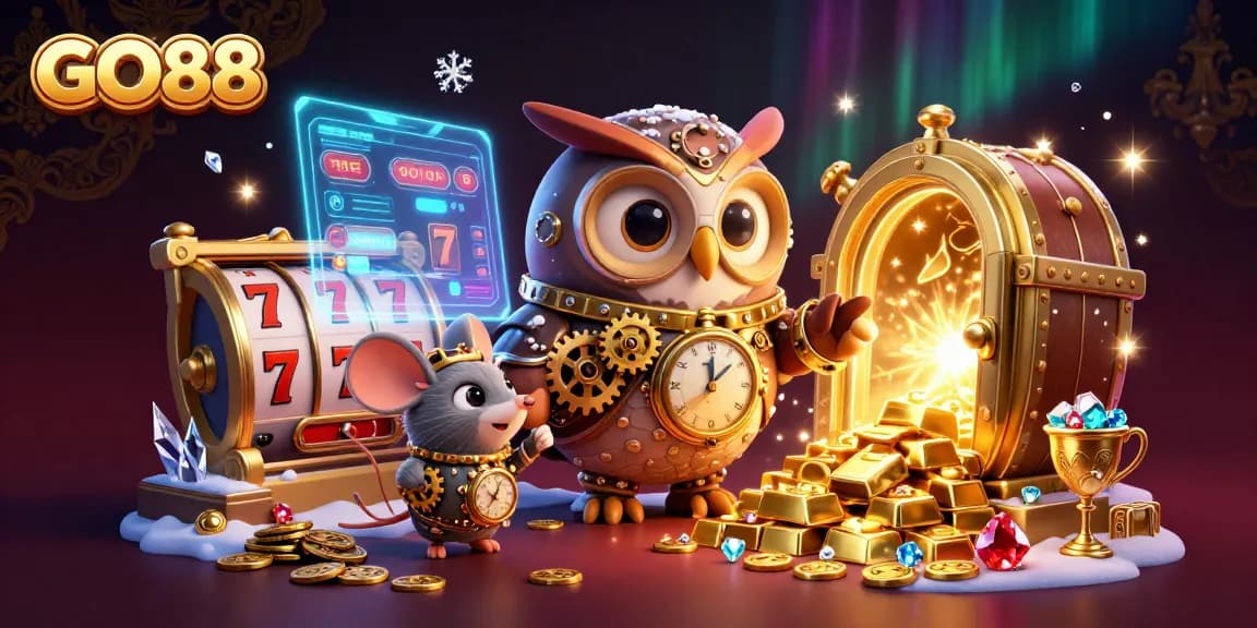 Experience the thrilling world of GO88 with an immersive 3D casino scene featuring an imaginative steampunk owl character.