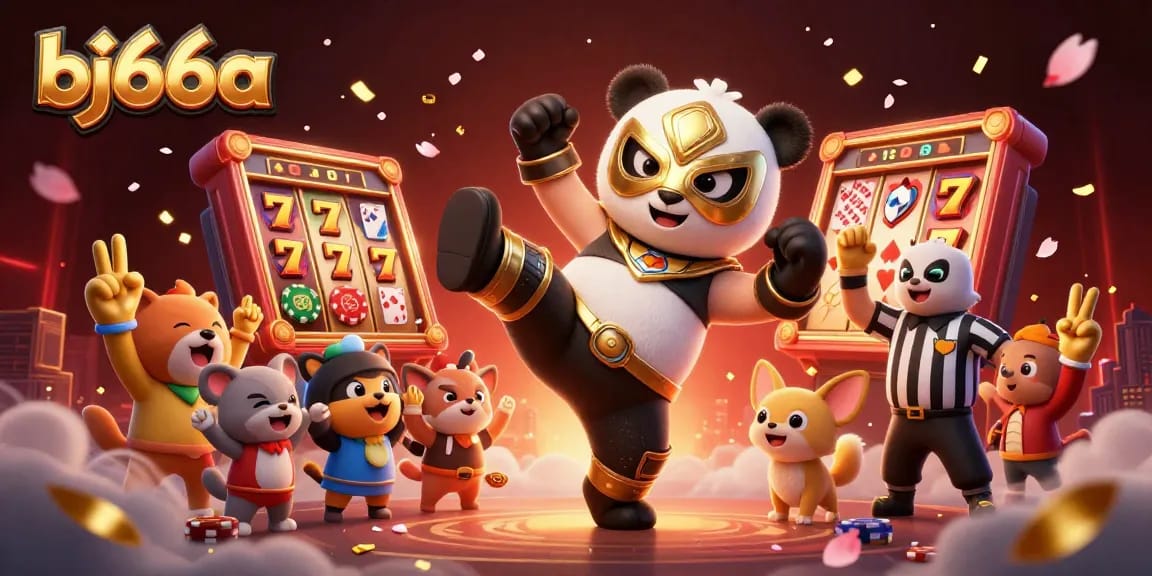 Engage with the thrilling action of bj66a casino gaming featuring a lucha libre panda and lucky symbols.