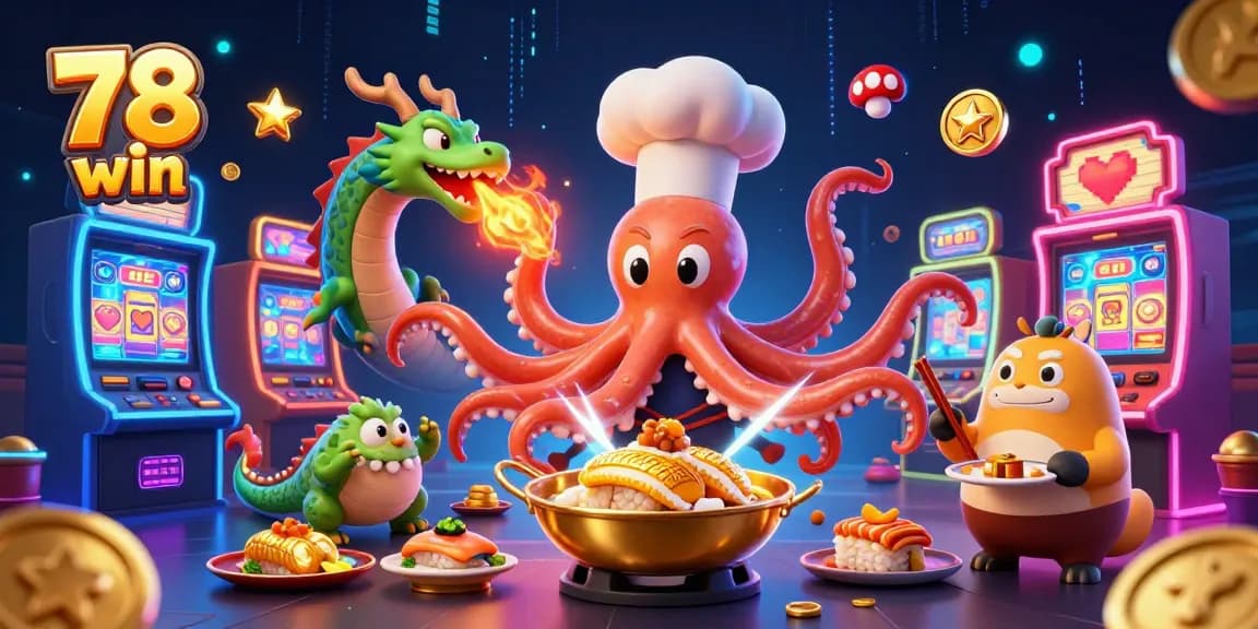 Engage in thrilling slots with 78 win as a vibrant octopus chef serves golden dishes in a lively casino setting.