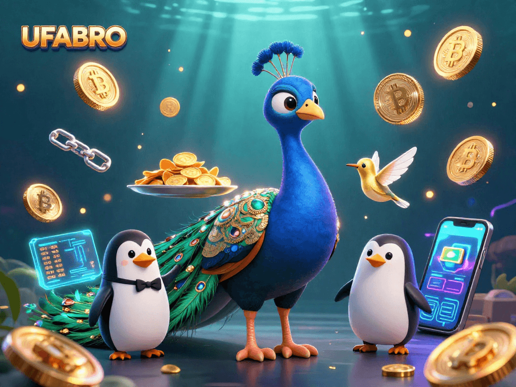 Win big with UFABRO as an aristocratic peacock showcases riches in this vibrant casino scene.