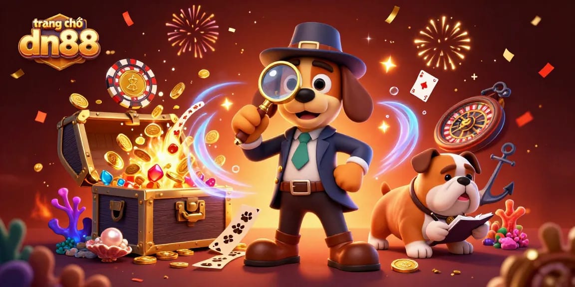 Experience thrills at trang chủ dn88 with golden poker chip clues and explosive treasure visuals.