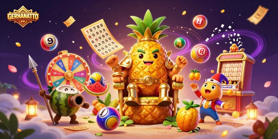 Gambarkan GERHANATOTO dalam suasana kasino tropis yang meriah dengan bola lotere berwarna-warni.