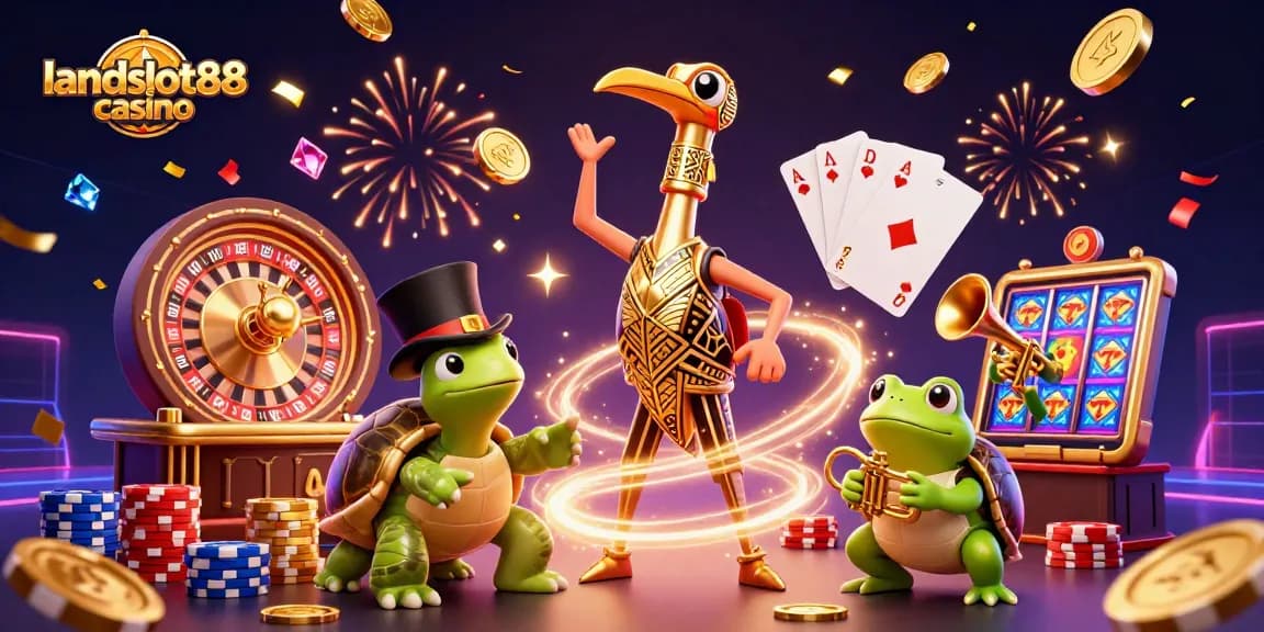 Experience the excitement of landslot88 casino with a lively illustration of its vibrant gaming atmosphere.
