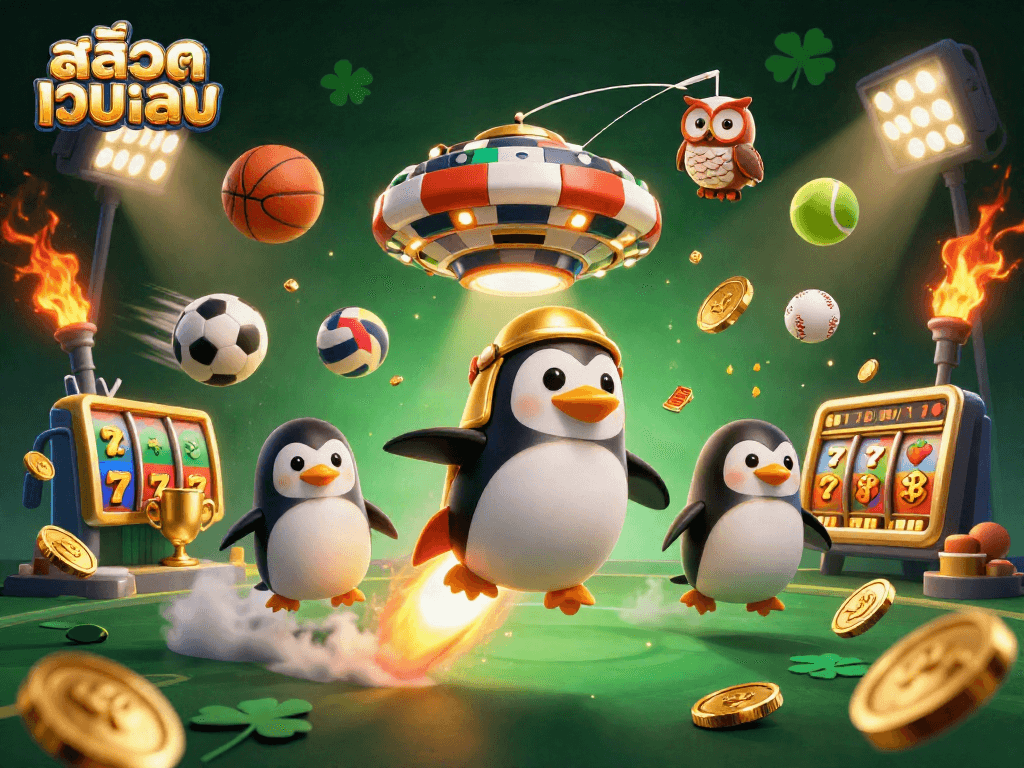 Experience the excitement of สล็อตเว็บตรง with a dynamic scene of a golden penguin and sports betting elements.