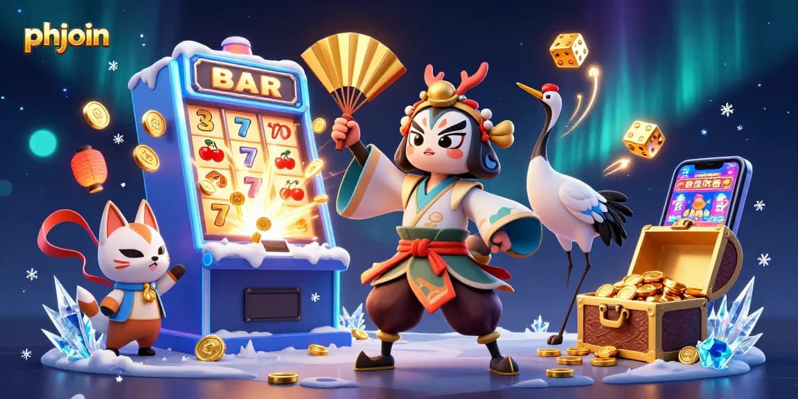 Engage with phjoin's exciting gaming world featuring vibrant characters, slot machines, and a jackpot explosion.