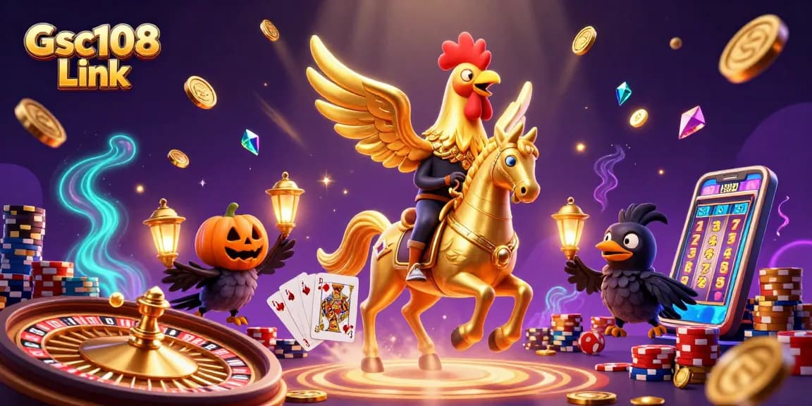 Gsc108 Link menampilkan keseruan permainan kasino dengan karakter 3D dan elemen bertema perjudian.