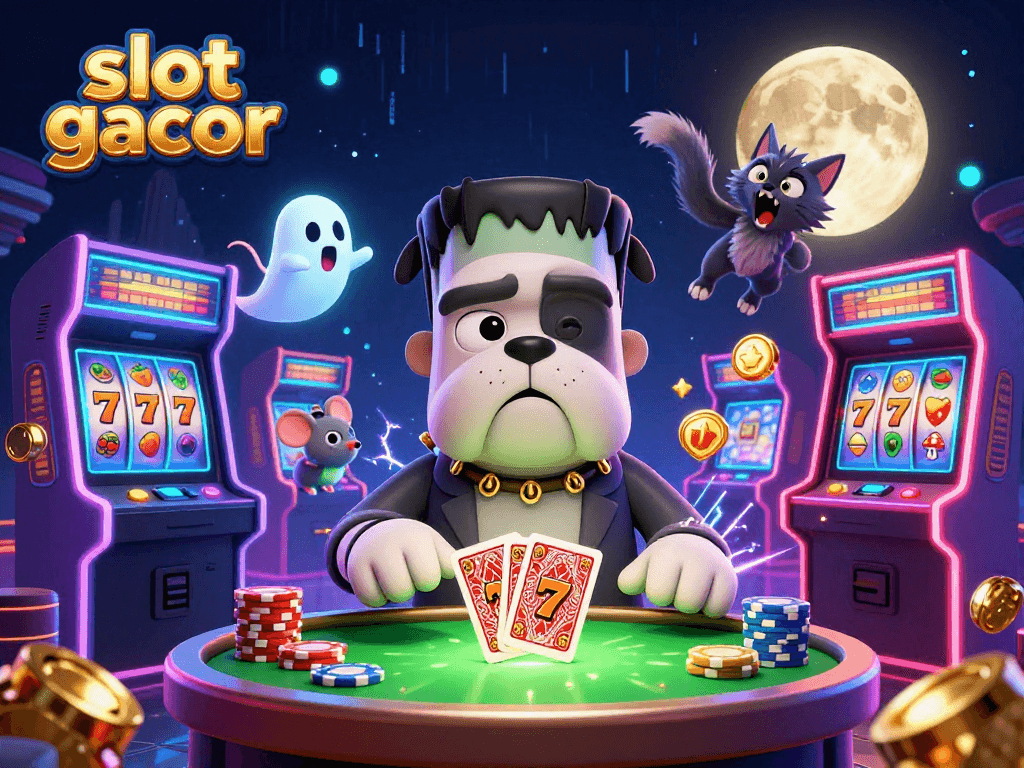 Play slot gacor with exciting characters at a haunted casino table featuring vibrant game elements.