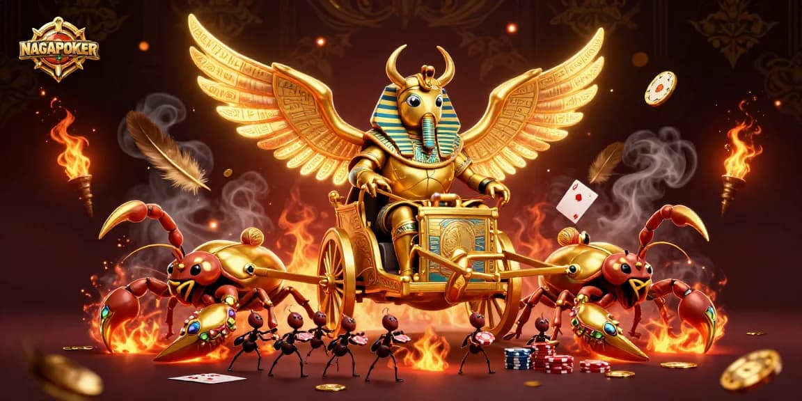 NAGAPOKER offers thrilling poker action featuring a colossal scarab beetle and scorpions in a dynamic scene.