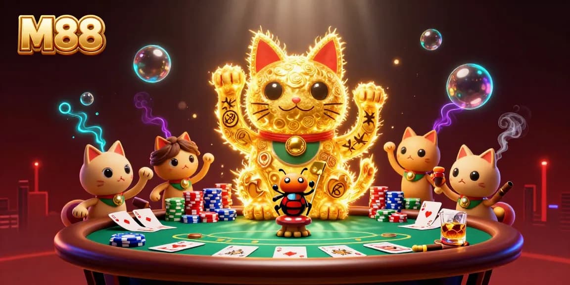 M88 menarik perhatian dengan ilustrasi kucing keberuntungan dan unsur perjudian yang kaya.
