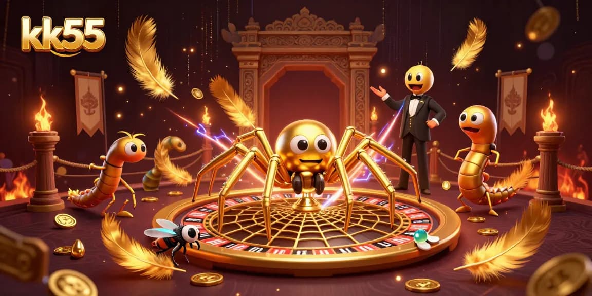 Engage with kk55's thrilling roulette experience as a golden spider spins a web of fortune.
