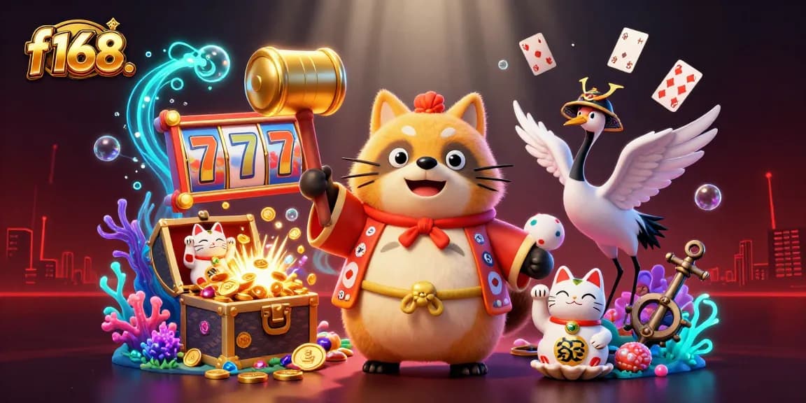 Experience thrilling gameplay at f168. with a vibrant 3D casino scene featuring lucky charms and exciting prizes.