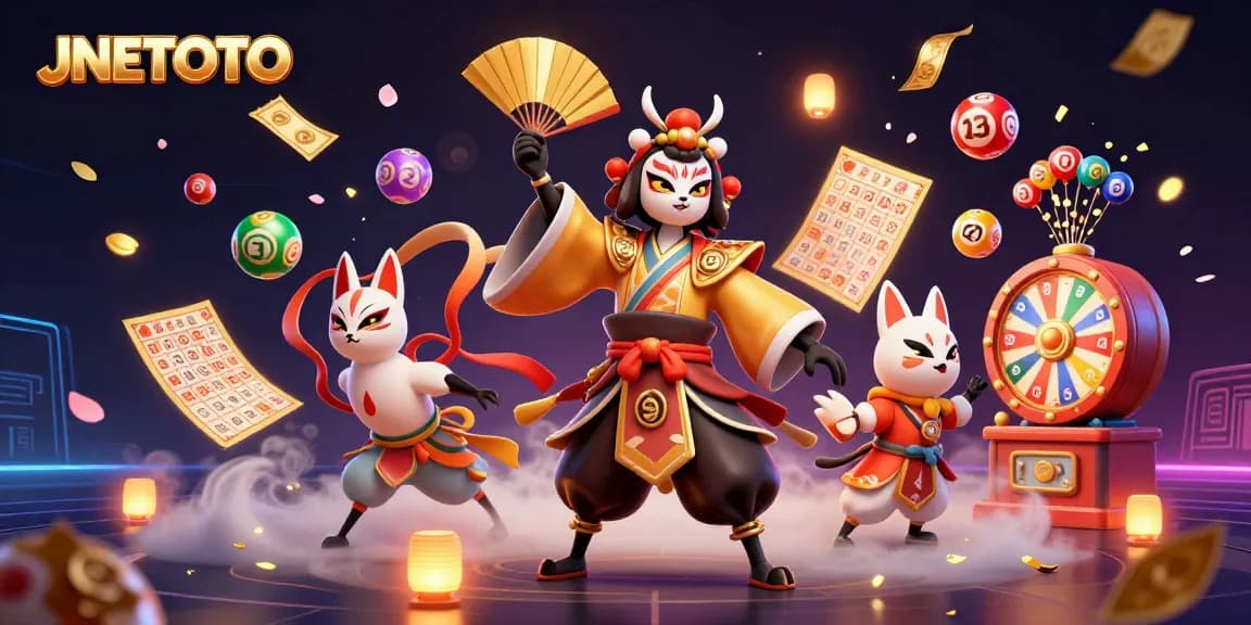 Menang dengan JNETOTO! Gambar ilustrasi kasino yang menampilkan karakter kabuki berperang dan elemen lotere.
