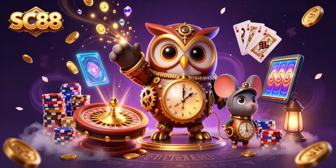 Engage with SC88’s vibrant casino universe, featuring a whimsical time-traveler owl and sparkling gaming elements.