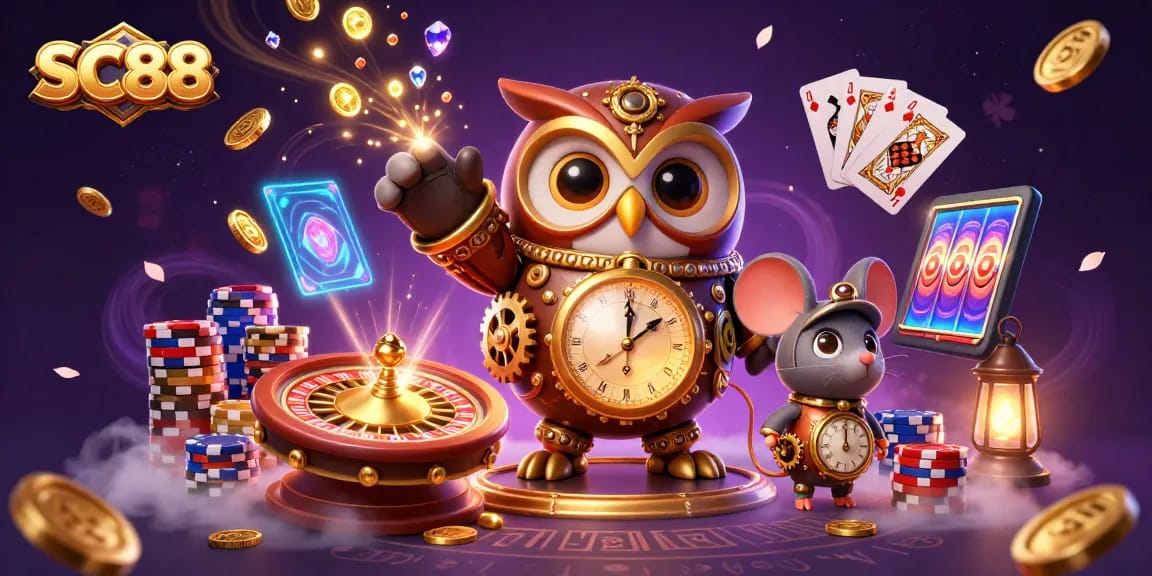 Engage with SC88’s vibrant casino universe, featuring a whimsical time-traveler owl and sparkling gaming elements.