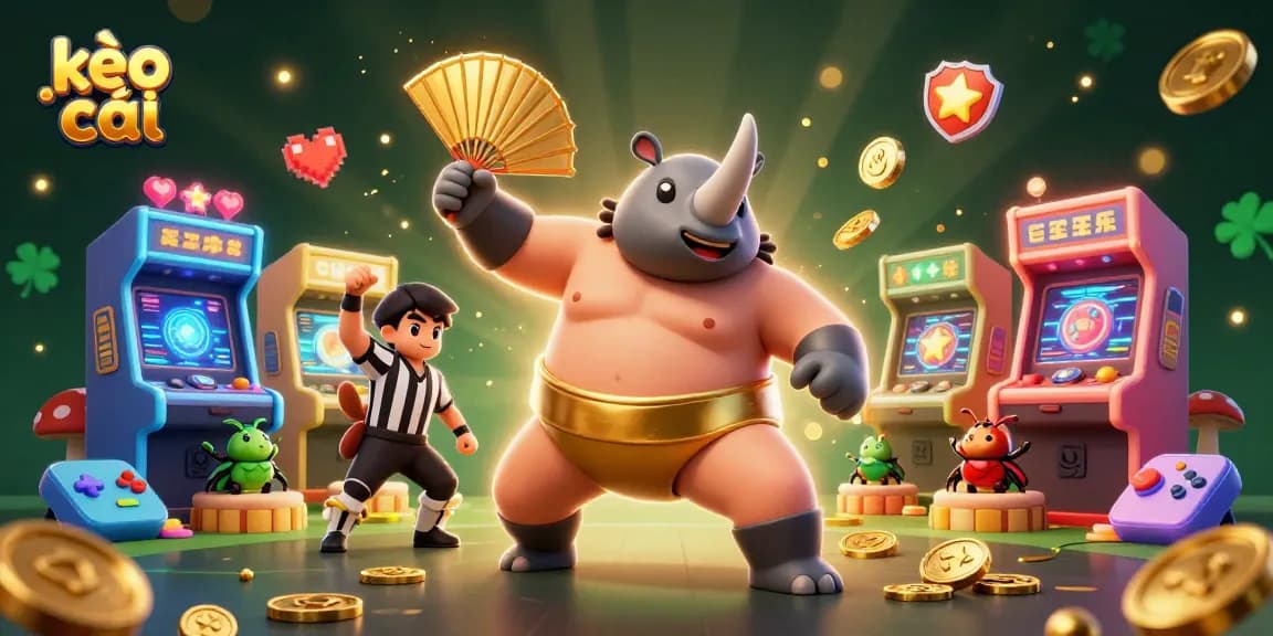 Kèo nhà cái showcases a 3D illustration of a cartoon beetle champion amidst golden coins, arcade games, and dynamic casino elements.