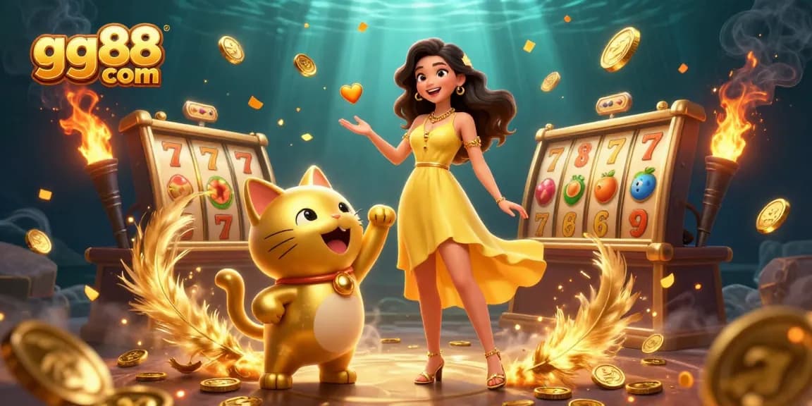Engaging players at gg88 com, a cheerful woman interacts with a lucky cat mascot amidst vibrant casino elements.