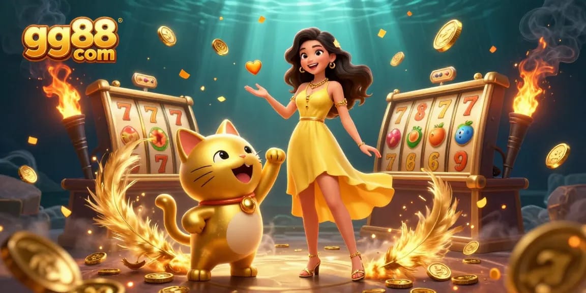 Engaging players at gg88 com, a cheerful woman interacts with a lucky cat mascot amidst vibrant casino elements.