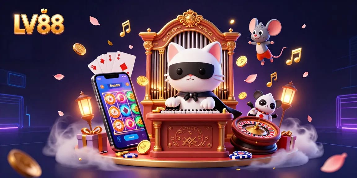 Engage with LV88's vibrant casino scene featuring a mysterious cat and lively game elements.