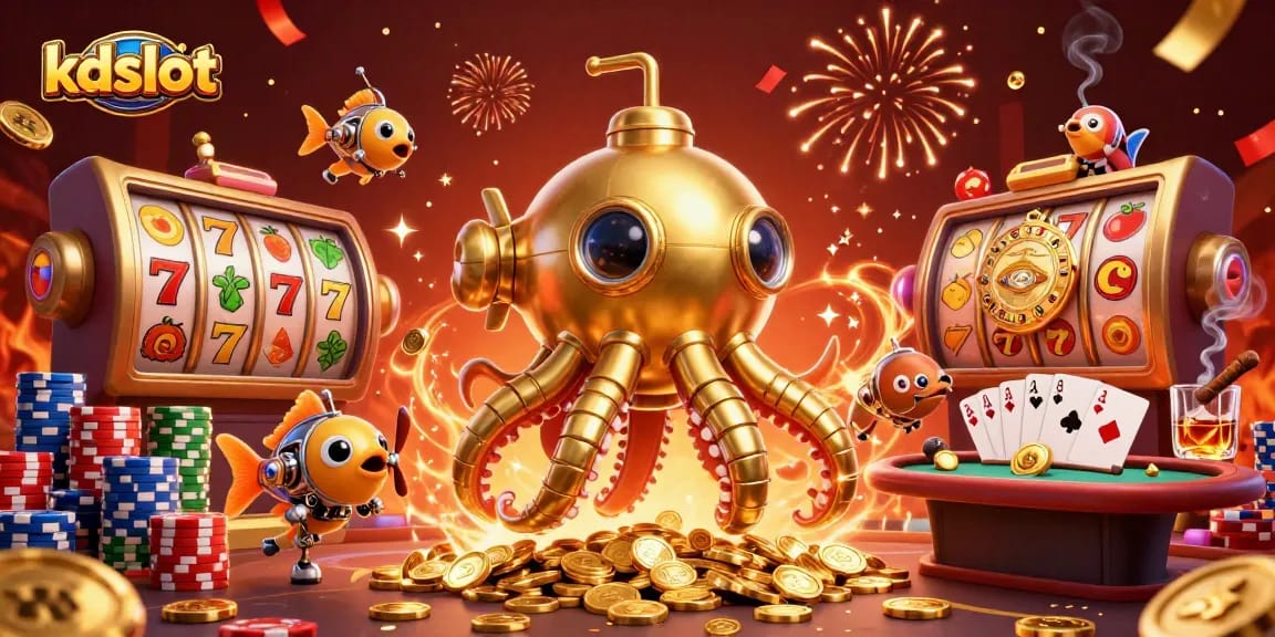 Immerse in the kdslot experience as the golden kraken hybrid surfaces through coins amidst dynamic slot reels and poker setup.