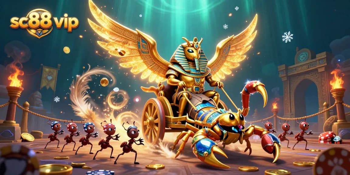 Experience exciting gameplay at sc88 vip with a 3D golden scarab and poker chips in action.