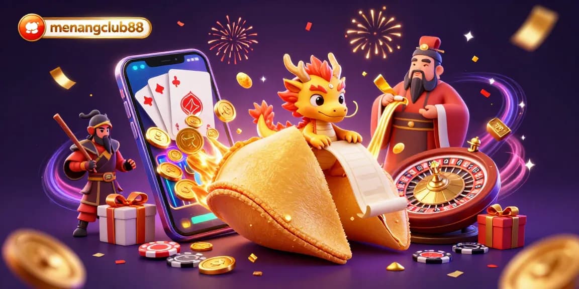 Engage with the exhilarating menangclub88 world featuring a golden fortune cookie, dynamic game elements, and festive energy.
