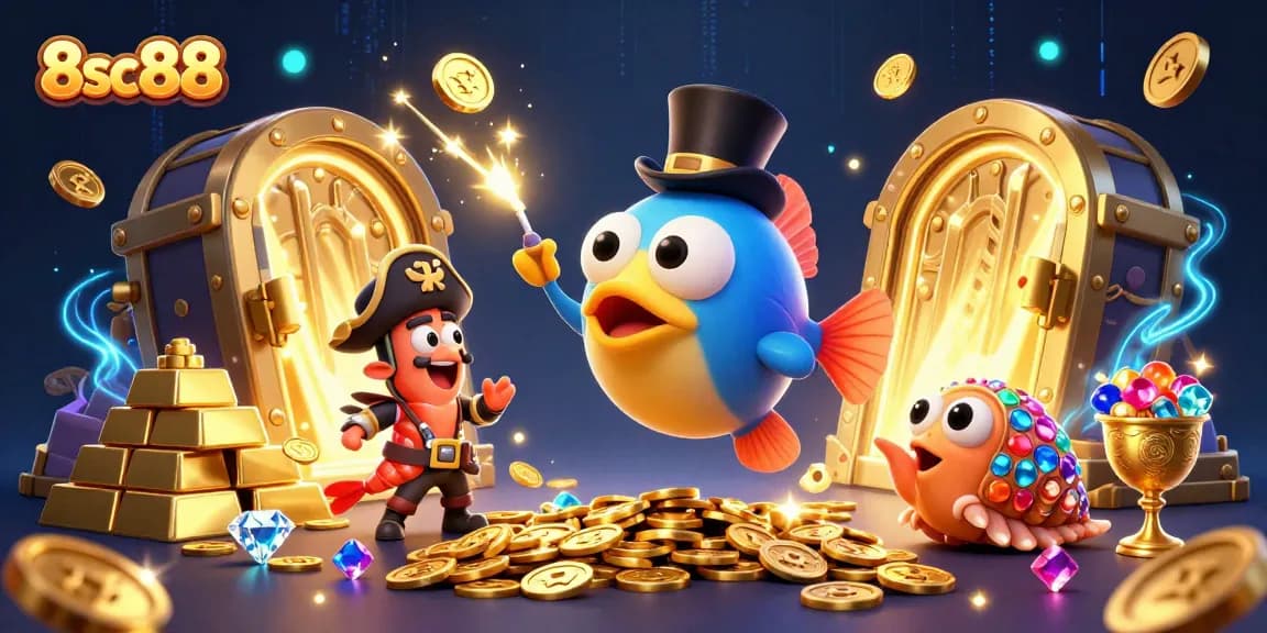 8sc88 celebrates winnings with a vibrant 3D illustration of stunning underwater characters and treasures.