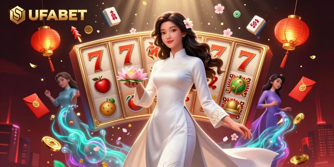 Experience the excitement of UFABET with this vibrant 3D illustration showcasing casino elements and traditional motifs.