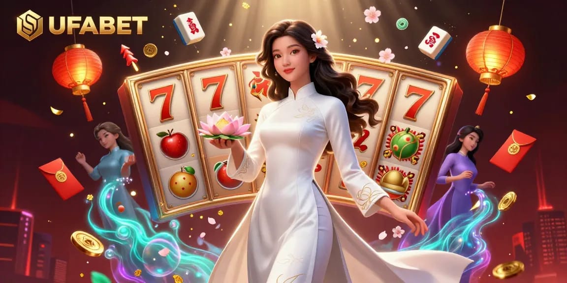 Experience the excitement of UFABET with this vibrant 3D illustration showcasing casino elements and traditional motifs.