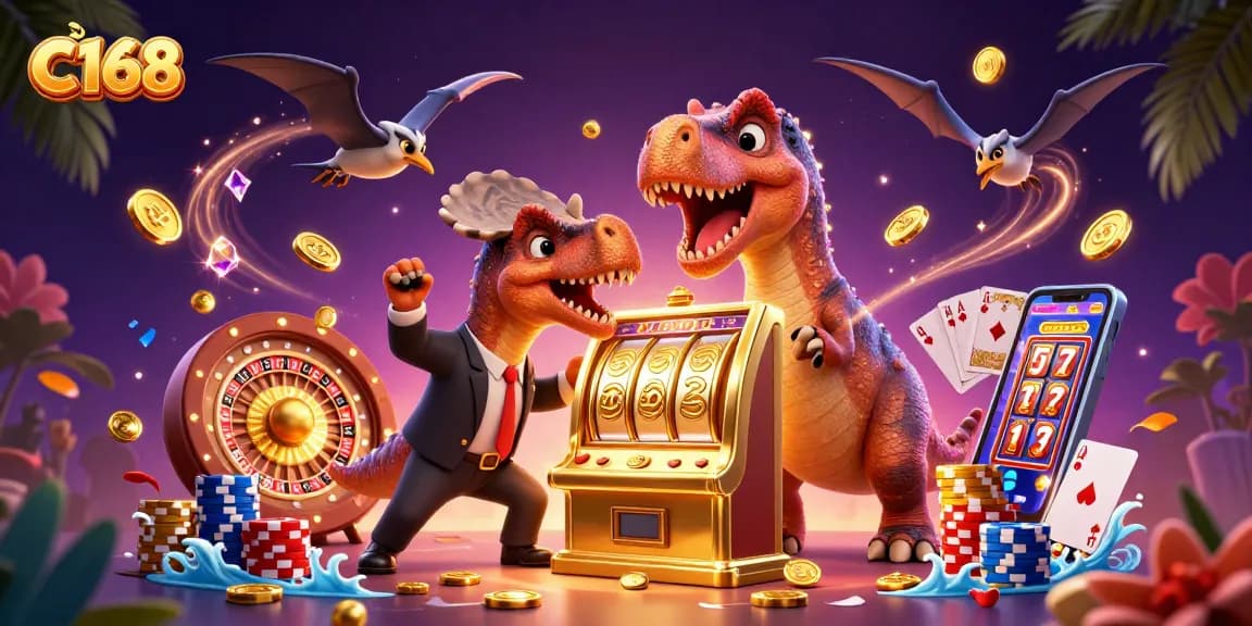 C168 players enjoying dynamic casino action, winning jackpot coins amid vibrant games and fun.