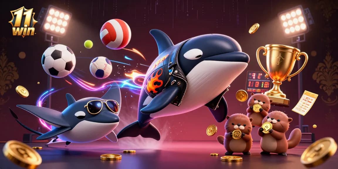 Win big with 11 win as a cartoon orca, stingray, and otters celebrate with golden coins.