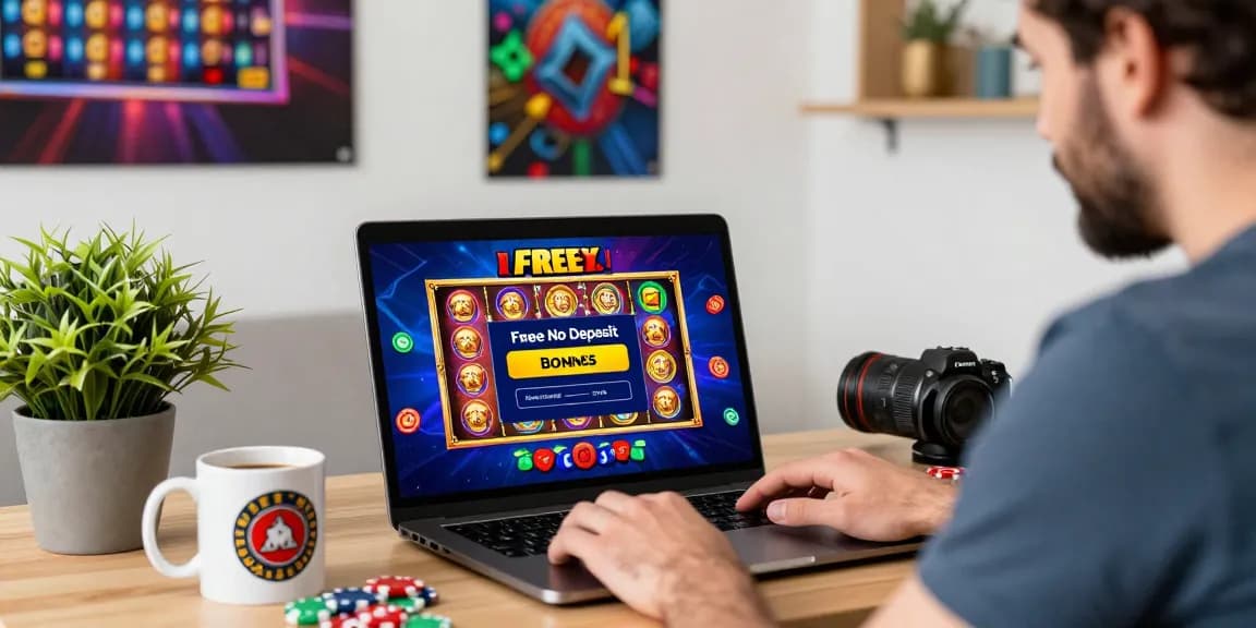 A player claiming a Free No Deposit Bonus in an inviting online casino setup, emphasizing excitement and engagement.