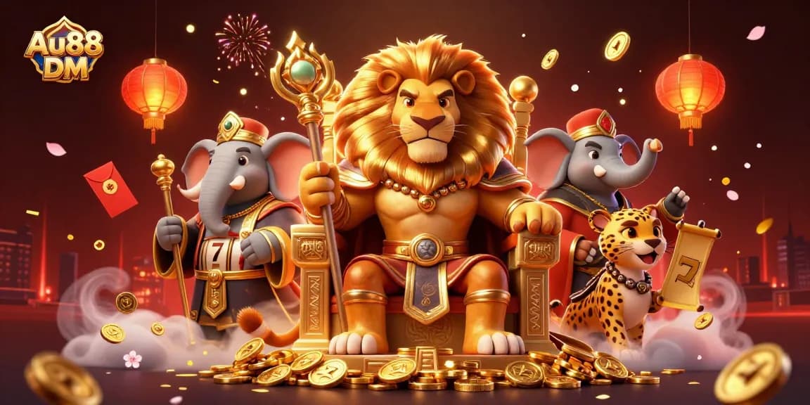 Experience the thrill of Au88 DM in a vibrant 3D casino scene with slot reels, lucky symbols, and energetic characters.