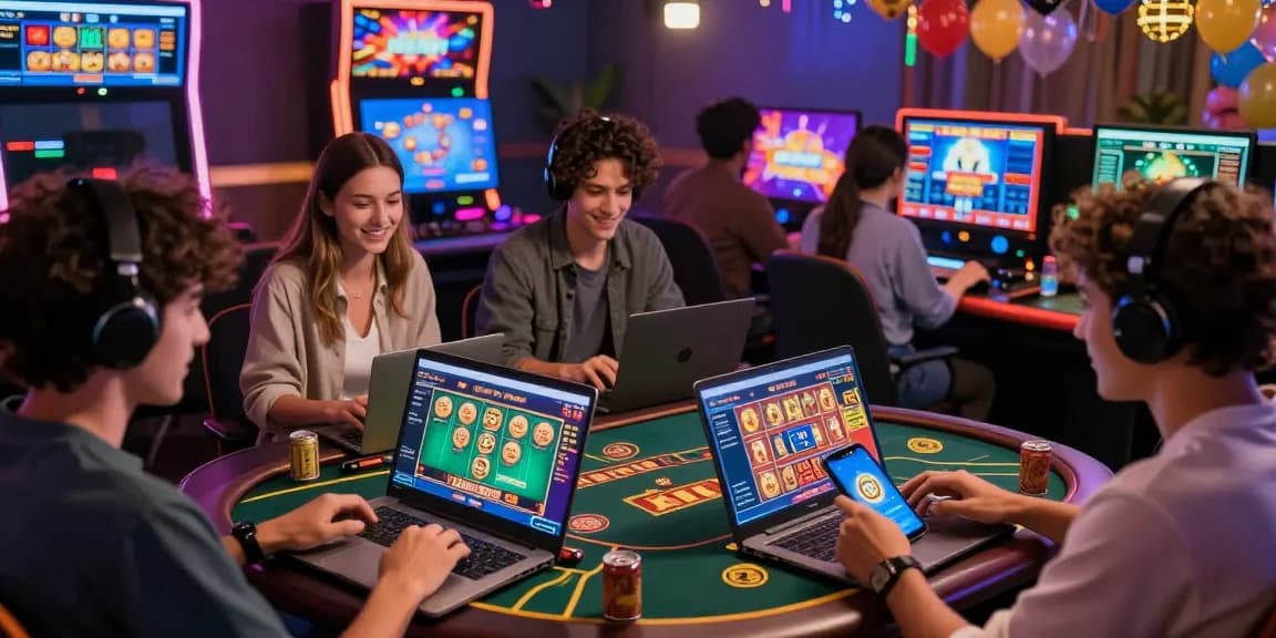 Friends enjoying game bài đổi thưởng in a vibrant online casino setting, showcasing excitement and camaraderie.