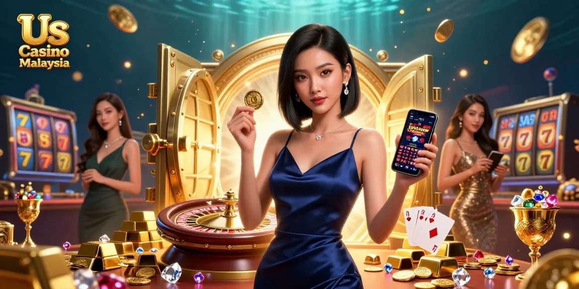Win big with Us Casino Malaysia in this vibrant online casino illustration featuring dynamic elements.