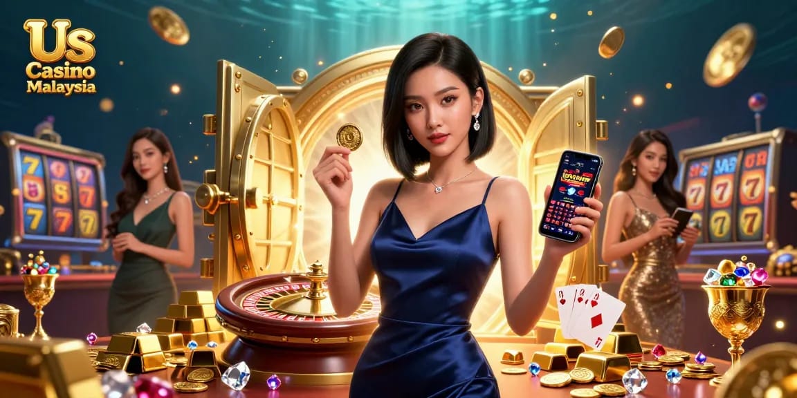 Win big with Us Casino Malaysia in this vibrant online casino illustration featuring dynamic elements.