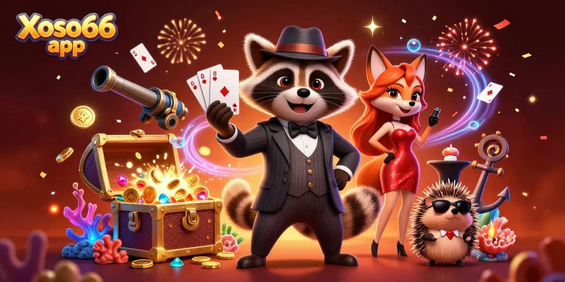 Xoso66 app showcases a dynamic casino scene with a suave raccoon and friends celebrating winning in a vibrant lottery game.