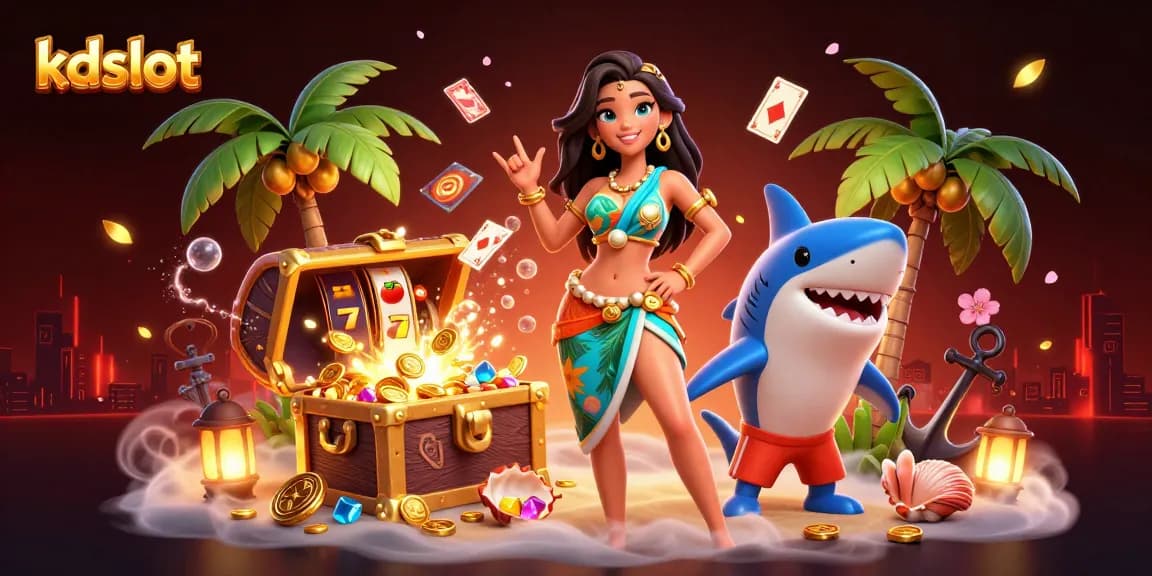 Win big at kdslot with our vibrant beach-themed online casino illustration featuring the excitement of slot games.