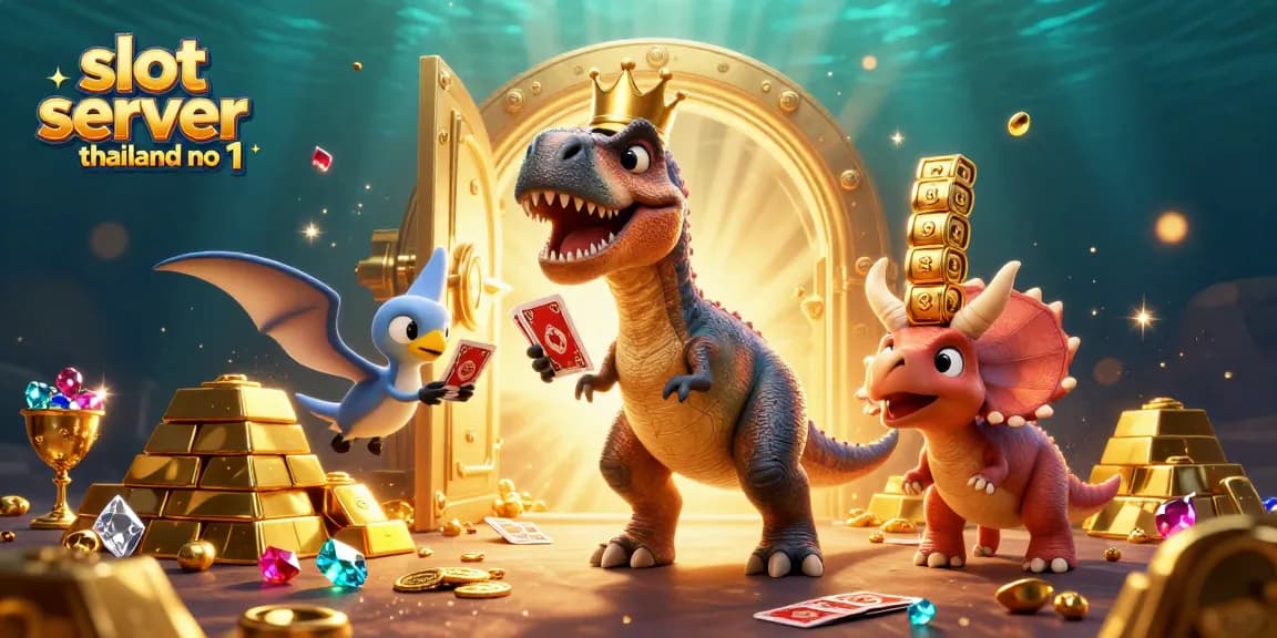 Engage with the vibrant action of the slot server thailand no 1 as a T-Rex shuffles cards in a casino setting.