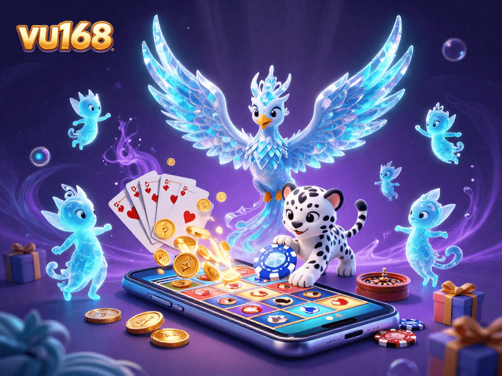 Experience the thrilling world of vu168 with an enchanting scene featuring a vibrant ice phoenix and snow leopard at play, adorned with dynamic casino elements.