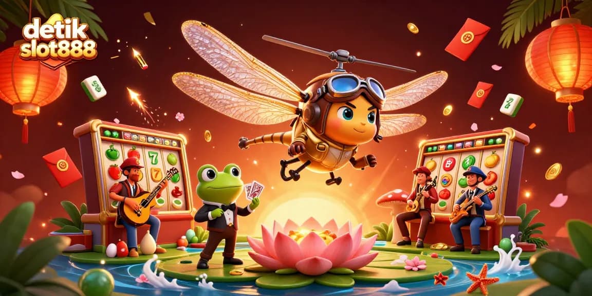 Engage with detik slot888's vibrant, dynamic casino scene featuring a dragonfly pilot, frog dealer, and more.