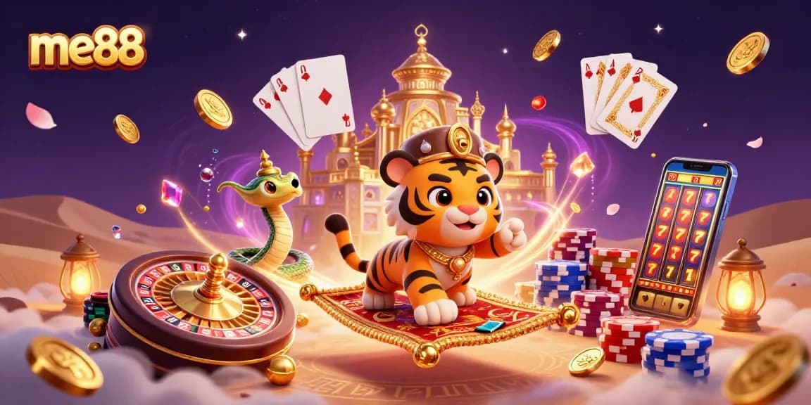 Experience me88 with a vibrant 3D illustration of casino-themed elements, showcasing a tiger sultan and magic lamp.