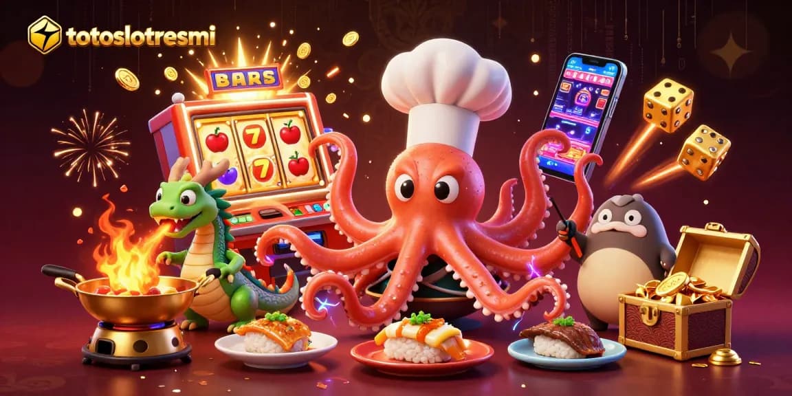 Experience thrilling jackpots with totoslotresmi's vibrant sushi chef octopus, lucky symbols, and golden treasures.