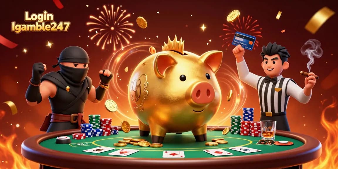 Experience thrilling bets with Login Igamble247, featuring a piggy bank sumo wrestler amidst lively poker action.