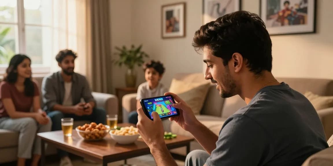 Young man enjoying 345win bd mobile gaming in his living room during golden hour.