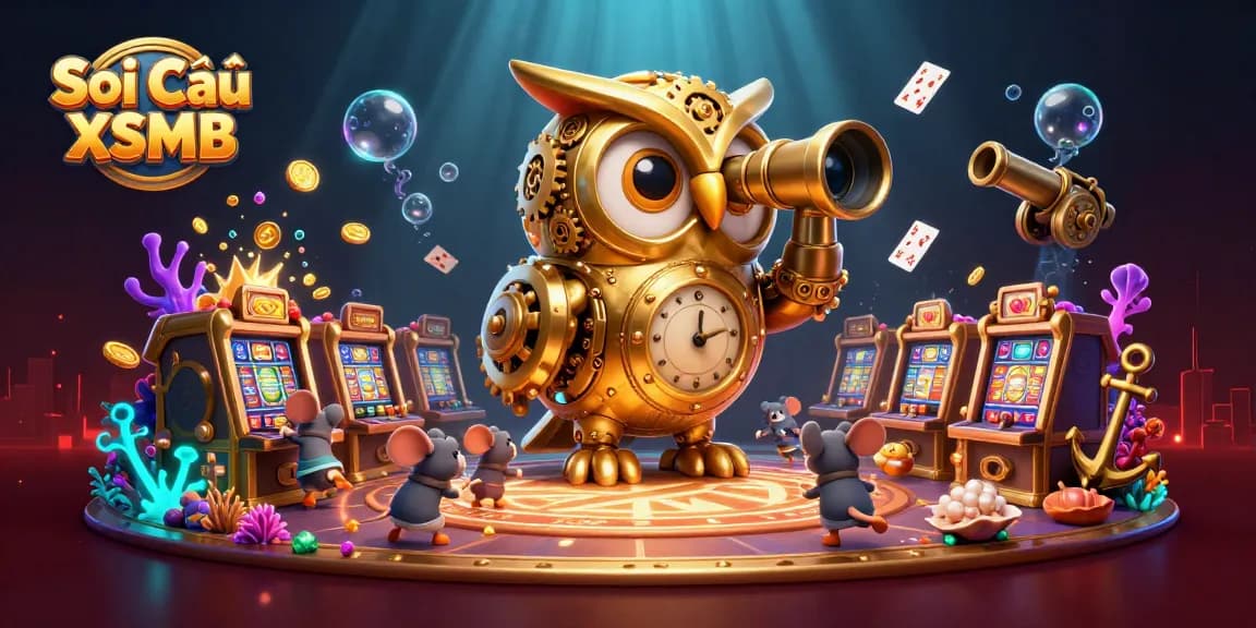 Engage in Soi Cầu XSMB with a whimsical scene of a golden owl and busy mouse patrons amidst vibrant casino elements.