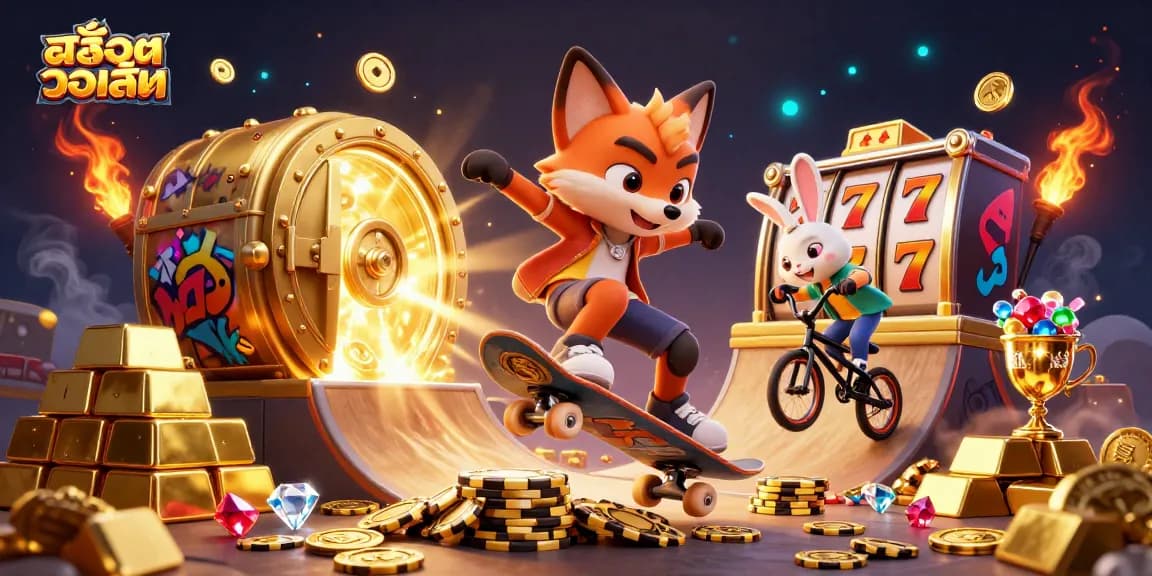 Spin the สล็อตวอเลท reels with vibrant characters on a golden casino-themed background.