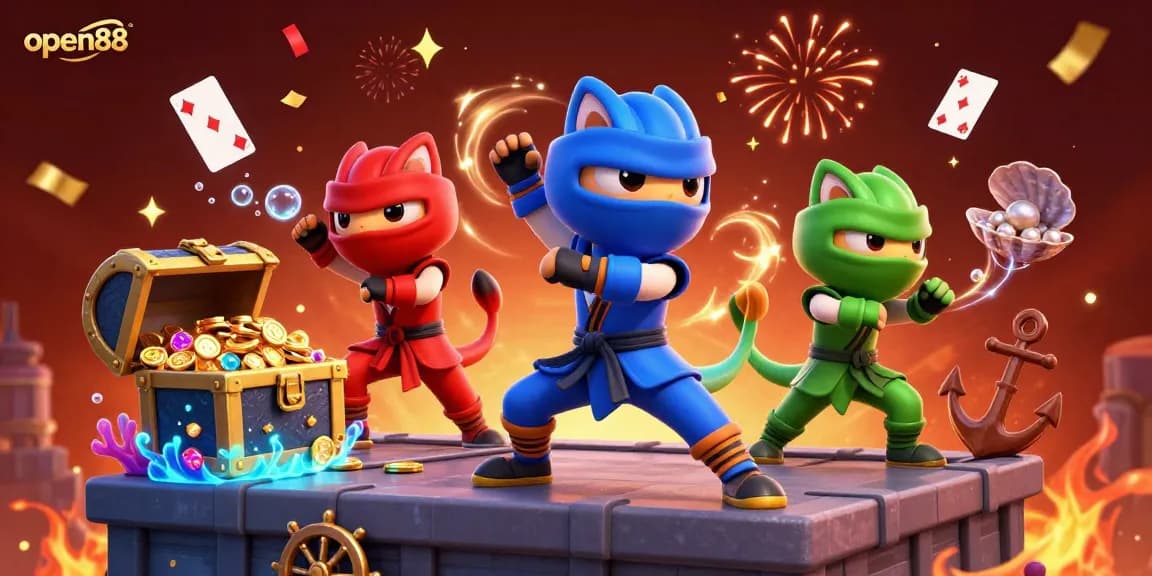Experience the thrill of open88 with colorful chameleons in martial arts poses amidst treasure and confetti.