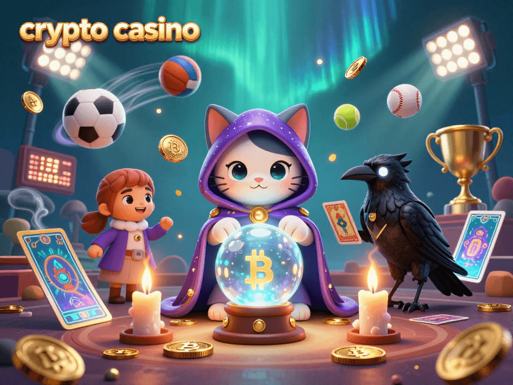 Experience the vibrant crypto casino scene with a mystic cat and illuminating characters amidst dynamic sports elements.