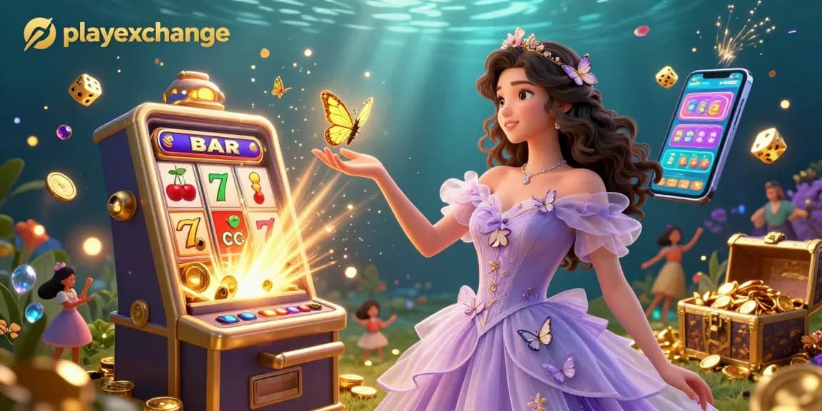 Playexchange illustrative casino scene featuring a stunning Asian woman amidst golden butterflies and slot machine excitement.